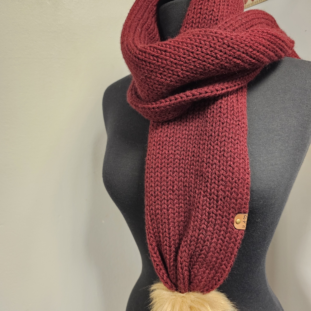 Cozy Red Knit Scarf with Faux Fur Poms